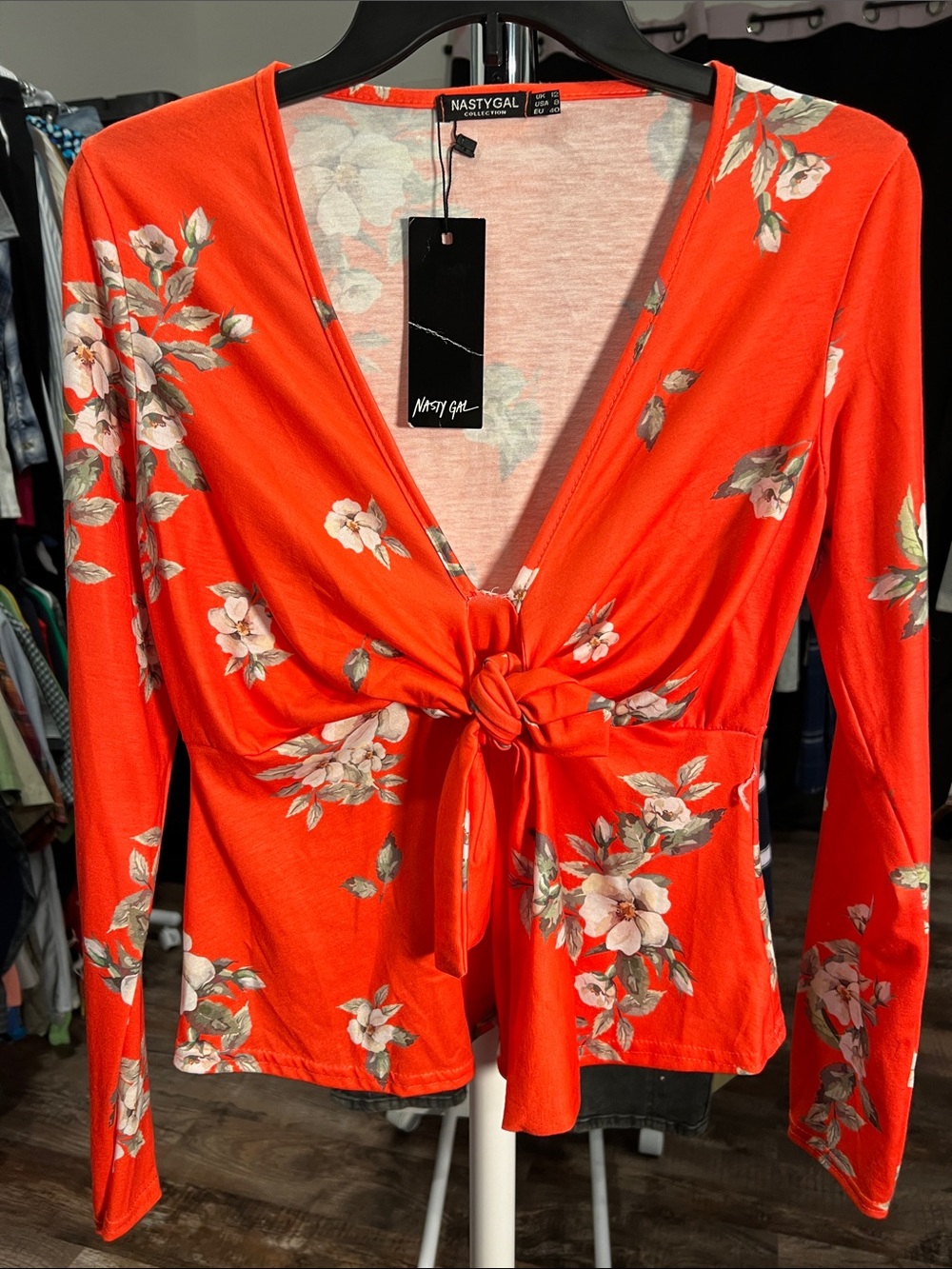 Nasty Gal Orange Floral Tie-Front Long Sleeve Top